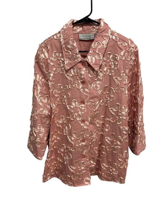 Simonton Says Button Front Blazer Jacket Pink Sz XL Satin Floral Feminine - Picture 1 of 10